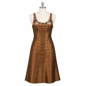 BCBG Max Azria Bronze Satin Dress - Size 8 - Beaded Elegant Cocktail Dress
